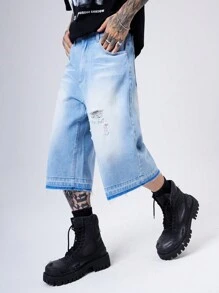 Manfinity Denimwave Y2K Vintage 男式浅蓝色破洞口袋牛仔短裤