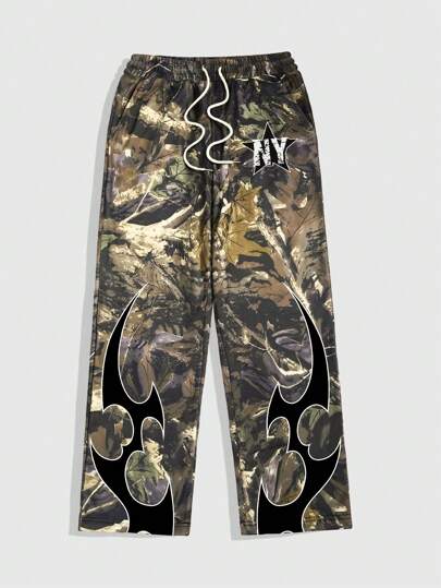 Pantaloni casual da uomo con stampa e laccio, gamba dritta, ideali per uso quotidiano, viaggio e scuola