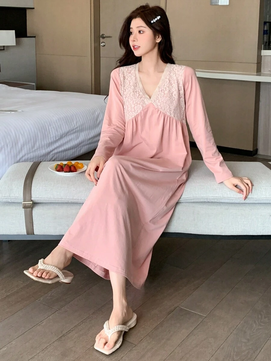 DAZY Lace Patchwork Knit V-Neck Waisted Nightgown Pajama - Pink - View 1