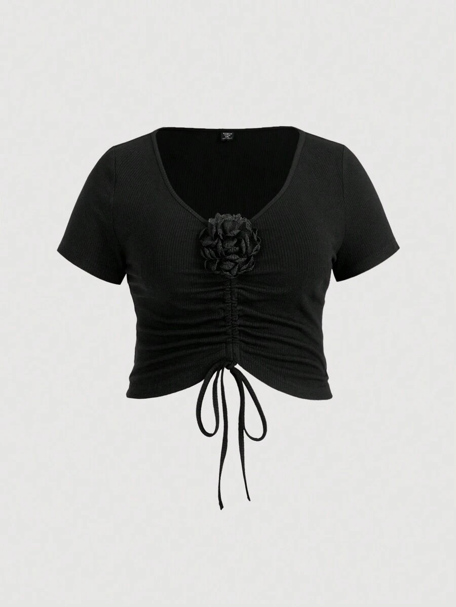 SHEIN MOD Plus Size Short Sleeve T-Shirt With Drawstring And 3D Flower Decoration In Holiday Style - Black - View 1