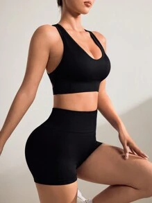 Easithlete Women's Cross Back Hollow Out Crop Top And Short Leggings Sports Set, Solid Color - Black - View 4