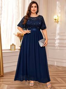Plus Size Sequin Floral Lace Butterfly Sleeve Chiffon Pleated Hem Evening Party Long Dress Elegant Summer - Navy Blue - View 3
