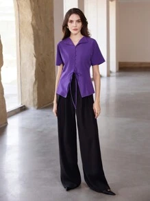 Aveloria Modichic Chic Chinese Style Tie-Up Hem Split Front Summer Blouse For Ladies - Purple - View 2