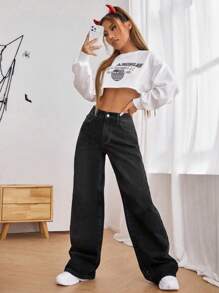 SHEIN EZwear Women Spider Print Pocketed Washed Loose Fit Wide Leg Jeans - Black - View 5