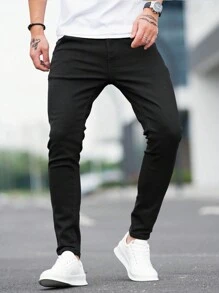 QuarKem 男式口袋紧身休闲纯色牛仔裤 - 黑色 - 查看 3