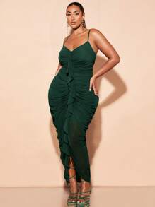 SHEIN BAE Plus Size Women's Tight Gathered Bodice Sexy & Elegant Ruffle Decor Dress - Dark Green - View 1