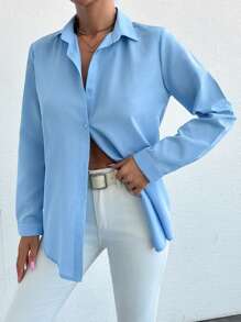 EURMUSE Women's Solid Color Long Sleeve Formal Look Office Business Shirt For Spring Summer - Baby Blue - View 5