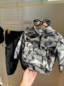 SHEIN 2 piezas Conjunto de chaqueta con capucha y pantalón de chándal con estampado de letras y camuflaje de color contrastante para niño bebé, casual y deportivo, primavera otoño invierno - Multicolor - Ver 1