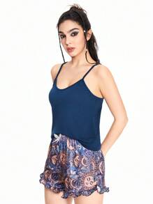 ROMWE Fairycore Bộ đồ ngủ in họa tiết áo dây mảnh phong cách Hippie dành cho nữ và quần short viền bèo nhún - Nhiều màu - Xem 4
