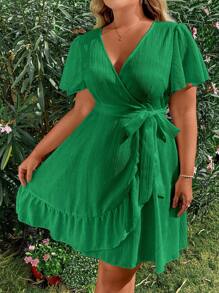 Sunnyshic 大码纯色短袖抽绳休闲短裙，适合度假 - 綠色 - 查看 7