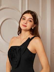 SHEIN Teenage Girls Elegant Floral Decor Waist Fitting Tube Top Dress - Black - View 4