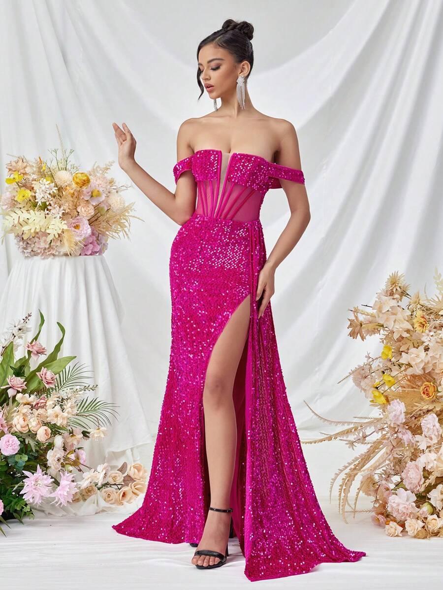 ADYCE Glittery Off Shoulder Fishbone Waist Long Streamer Front Slit Backless Party Prom Dress - Hot Pink - View 1