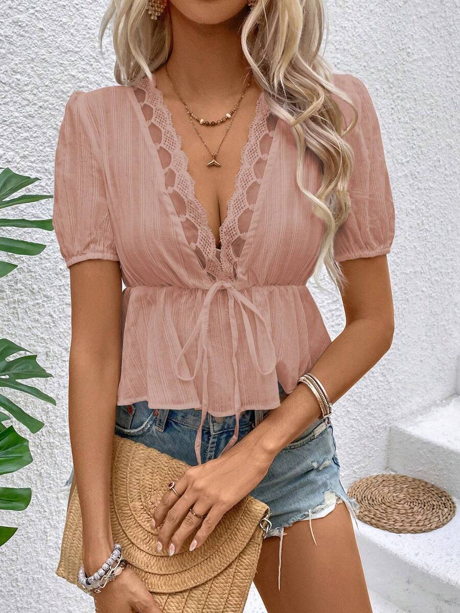 Breezaya 女式V領網紗拼接綁帶休閒春夏短袖上衣 - 藕粉色 - 查看 1