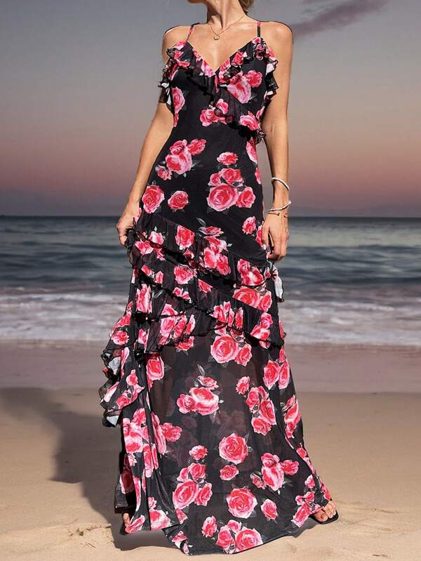 SHEIN VCAY Vestido de mujer con estampado floral y ribete de volantes para vacaciones