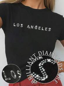 SHEIN MOOSTA 5PCS Women's Slogan Los Angeles MILAN CALIFORNIA PARIS CHICAGO Printed Hot Rhinestone Decoration Round Neck Short-Sleeved T-Shirt Graphic Tees Women Tops