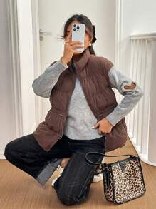 SHEIN Essnce Chaleco con cordón en la cintura para mujer, color café, chaquetas de mujer de otoño, ropa de mujer de otoño/invierno, chaqueta con cordón, abrigo acolchado - Café integral - Ver 6