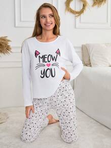 RueChic 2Pcs Cotton Cat Printes PJ Set White Set - White - View 5