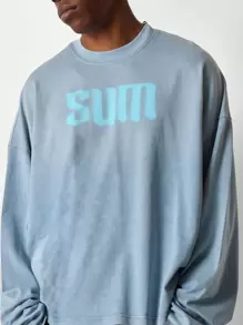 SUMWON Vintage Aesthetic Oversized Washed SUM Sweatshirt Crew Neck Winter Casual Streetwear Jumper Fall Lounge Athleisure Pullover - Blue - View 3