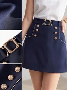 MOTF PREMIUM FALDA DORADA SÓLIDA CON DETALLES DE BOTONES, TUBERÍA CONTRASTANTE Y CINTURA AJUSTADA - Azul - Ver 1
