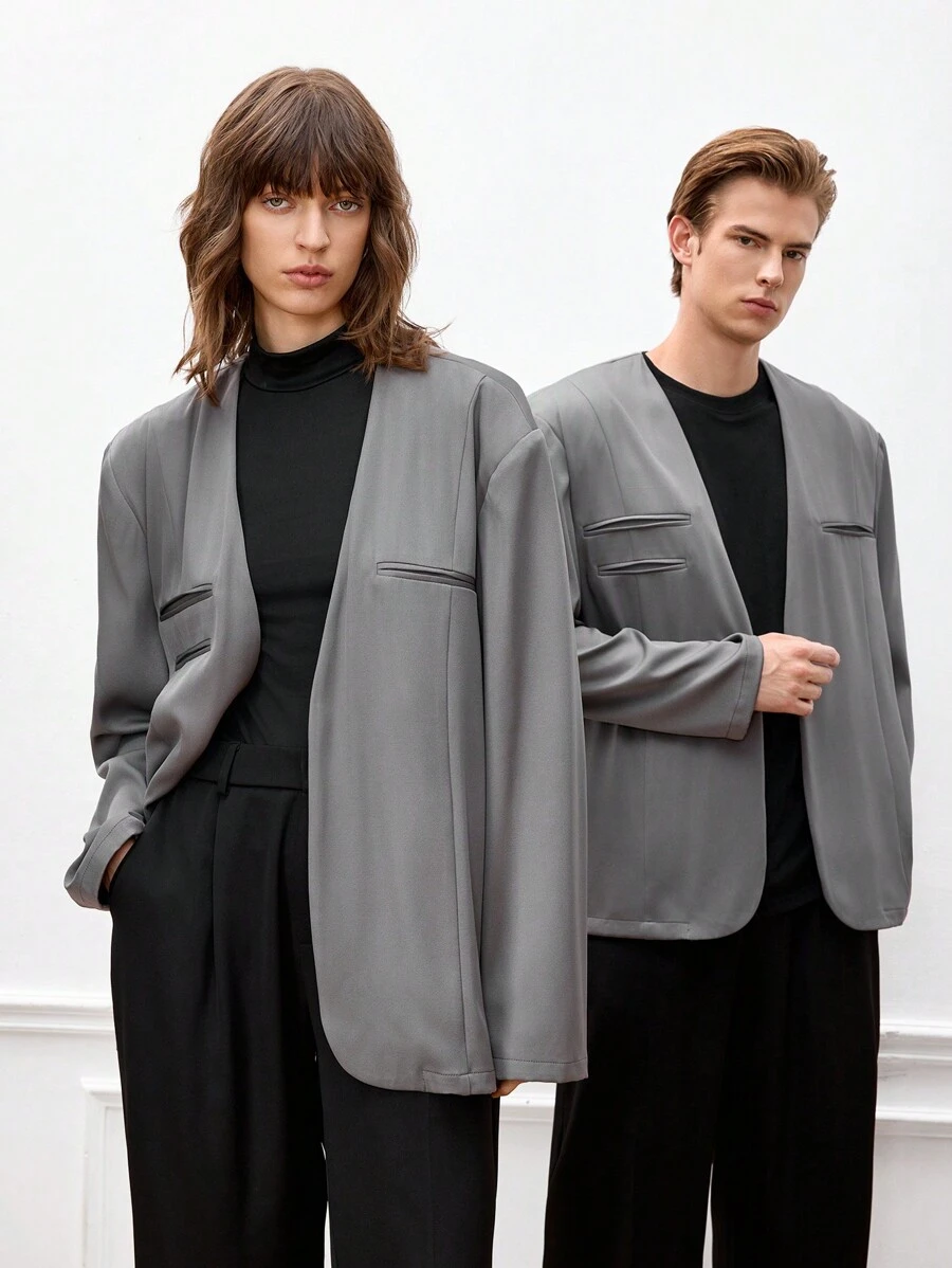 Manfinity VCAY Men's Loose Fit Casual Woven Blazer Jacket, Suitable For Spring, Fall, Winter - Dark Grey - View 1