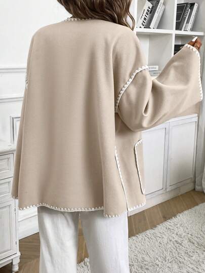 Serisse Women's Contrast Color Trimmed Button Front Pockets Casual Jacket, Fall Winter Warm Long Sleeve
