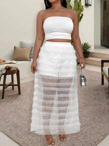 SHEIN Clasi Plus Solid Tube Top & Frill Trim Sequin Mesh Skirt For Summer - White - View 4