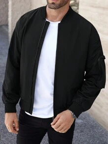 Manfinity Homme 男士拉鍊式休閒長袖夾克 - 黑色 - 查看 1