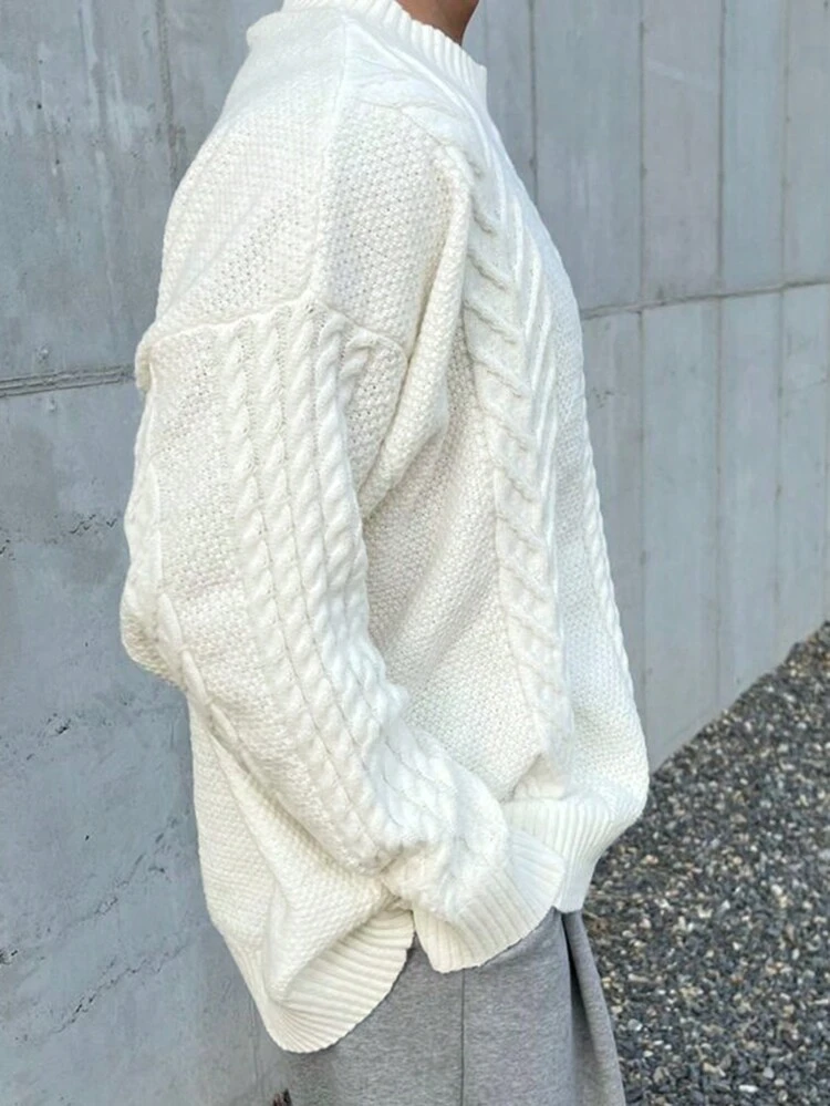 Men's Solid Color Crew Neck Long Sleeve Knitted  Beige Sweater, Autumn