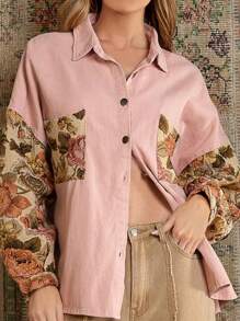 SHEIN VCAY Plus Size Pink Floral Print Pocketed Long Sleeve Shirt For Vacation And Leisure, Fall Women's Clothing, Teacher Shirts - Multicolor - View 1
