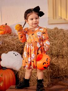 SHEIN Baby Girl Casual Daily Cute Bunny & Bat Halloween Print Long Sleeve Dress, Suitable For Halloween Party