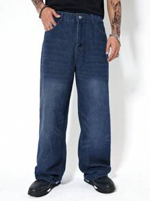 Chillumni 宽松男士斜口袋深色洗水牛仔裤，男士宽松牛仔裤 - 深色水洗藍 - 查看 7