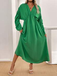 SHEIN Clasi Vestido verde largo de manga larga y escote en V suelto para mujeres - Verde - Ver 6