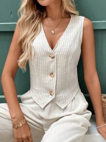 SHEIN Frenchy 亚麻条纹背心女士衬衫 V 领背心 条纹亚麻面料 V 领背心 秋季服装通勤简约办公室老款简约 - 杏色 - 查看 4