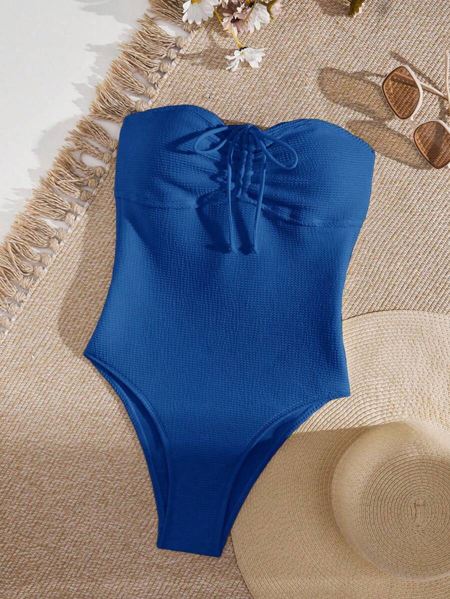 SHEIN Swim 夏季沙灘女性純色露肩收緊單片式泳裝 - 寶藍色 - 查看 1