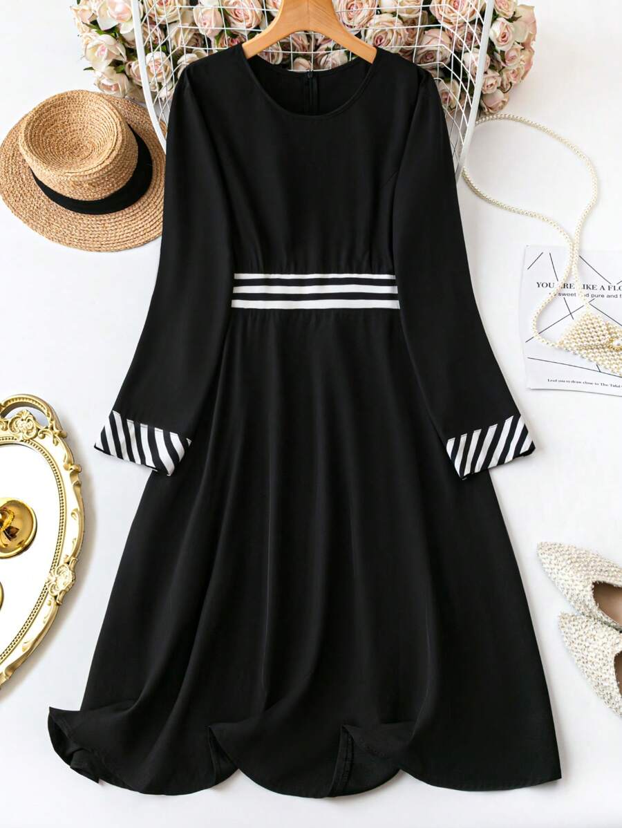 SHEIN Clasi Đầm dài thường ngày cổ tròn dài tay có size dành cho nữ, mùa xuân hè - màu đen - Xem 1
