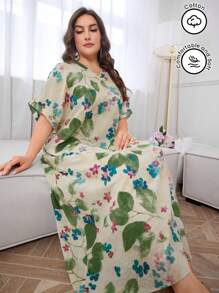 Seusyu Vestido de Verão com Manga Morcego e Estampa Floral Plus - Verde - Ver 1