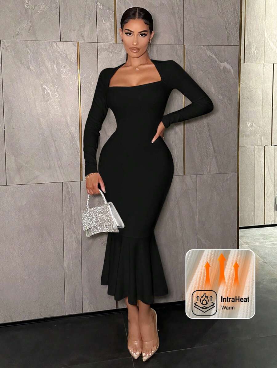 SHEIN SXY Vestido midi con dobladillo de cola de pez de felpa cálida y sexy, adecuado para asistir a fiestas de noche en otoño - Negro - Ver 1