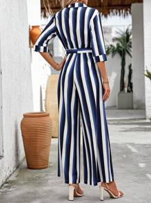 SHEIN Clasi Mono de rayas y estampado sencillo diario para mujer - Azul y blanco - Ver 2