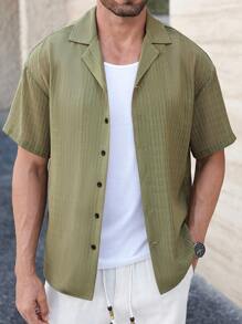 Manfinity Homme 男士纯色前扣短袖衬衫，夏季 - 灰色 - 查看 5