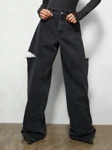 SUMWON WOMEN 阔腿侧破洞毛边牛仔裤 - 黑色 - 查看 1