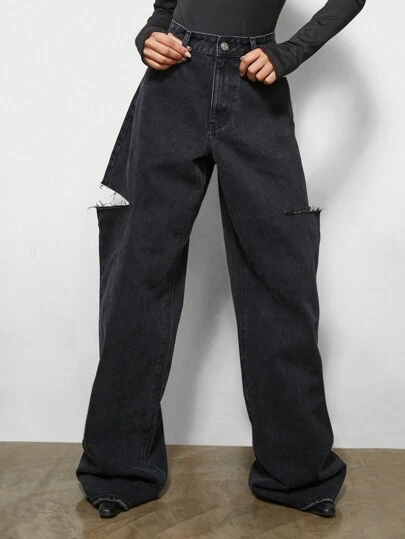 SUMWON WOMEN 阔腿侧破洞毛边牛仔裤