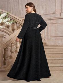 Đầm Maxi Dự Tiệc Cocktail Cổ Chữ V Tay Dài Màu Đen Cỡ Lớn Cho Nữ Kèm Thắt Lưng - màu đen - Xem 2