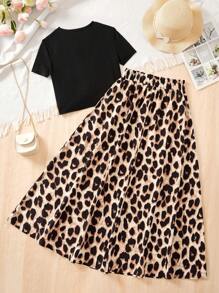 SHEIN Conjunto de dos piezas con camiseta de manga corta con cuello redondo y falda larga con estampado de leopardo elegante para niña preadolescente - Negro - Ver 2