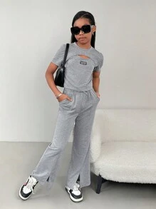 SHEIN 2pcs Spring/Summer Knitwear Set For Tween Girls, Including A Solid Round Neck Short Sleeve Top With Patches And Straight-Leg Pants