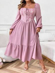 SHEIN Clasi 大码提花编织缎带连衣裙，带荷叶边下摆，超长女装 - 粉色 - 查看 6