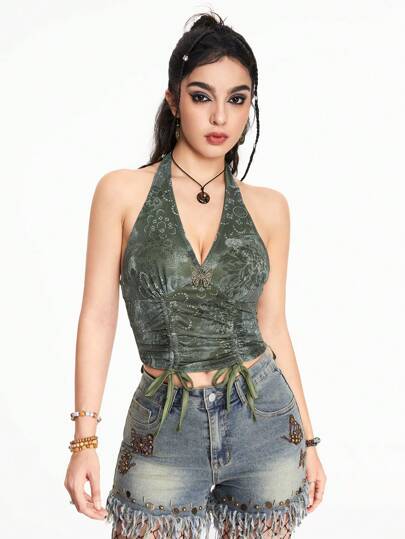 Hippie Women's Bohemian Drawstring Tie-Up Metal Butterfly Tank Top