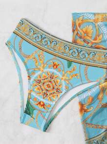 Women's Summer Beach Printed Chain Sexy Bikini Set With Cover-Up Top And Skirt - Multicolor - View 5