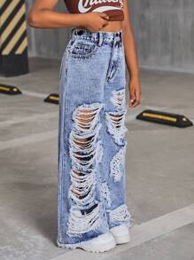 Tween Girl Y2K Fashion Vintage Stonewashed Ripped Raw Hem Baggy Wide Leg Jeans, Summer Back To School Streetwear - Medium Wash - View 5