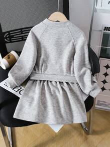 2 件套年轻女孩休闲花卉印花拉链夹克和松紧腰裙套装 - 灰色 - 查看 2