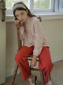 少女春夏波点印花荷叶边领长袖衬衫和阔腿裤两件套 - 紅色 - 查看 4